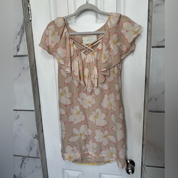 Anthropologie Leifsdottir Silk Cream Floral Ruffle Shift Dress Women’s Size 2 - Picture 11 of 11